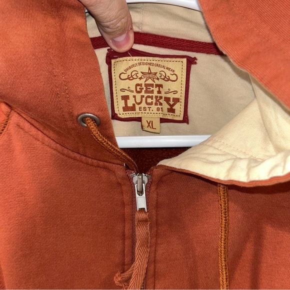 Rare Get Lucky fullzip drawstring graphic sweatshirt hooded brown unisex size XL - Picture 8 of 8